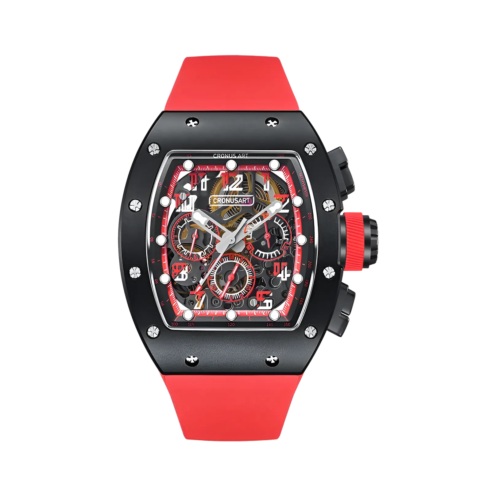 Cronusart CM002-01X - Tonneau automatic chronograph watch with black carbon steel case, skeleton dial, red accents and red rubber strap, front view on white background
