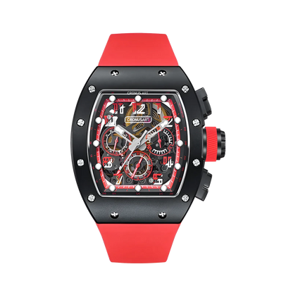 Cronusart CM002-01X - Tonneau automatic chronograph watch with black carbon steel case, skeleton dial, red accents and red rubber strap, front view on white background