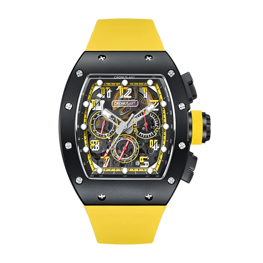 Cronusart CM002-01X - Tonneau automatic chronograph watch with black carbon steel case, skeleton dial, yellow accents and yellow rubber strap, front view on white background
