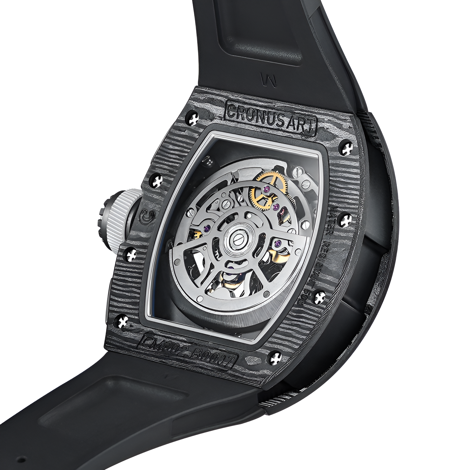 Cronusart CM002-020 - Back view of carbon fiber automatic chronograph watch showing skeleton movement through transparent caseback