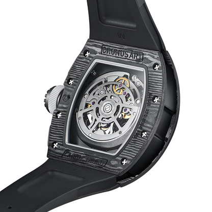 Cronusart CM002-020 - Back view of carbon fiber automatic chronograph watch showing skeleton movement through transparent caseback