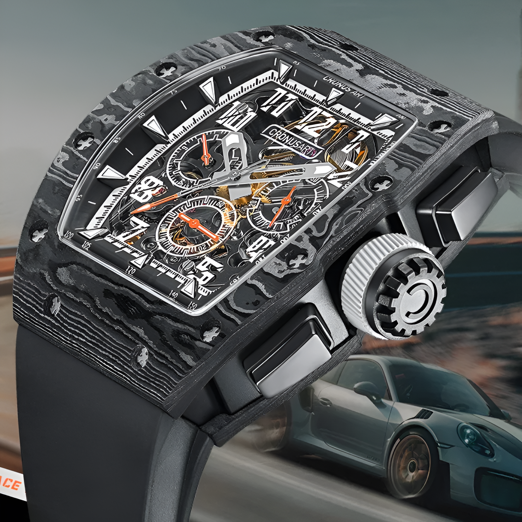 Cronusart CM002-020 - Carbon fiber automatic chronograph watch close up showing tonneau case textured carbon layers crown and chronograph pushers