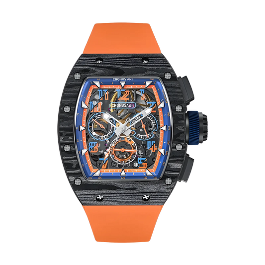  Cronusart CM002-020 - Carbon Fiber Automatic Chronograph Watch with NTPT carbon case orange strap and blue orange chronograph dial front view