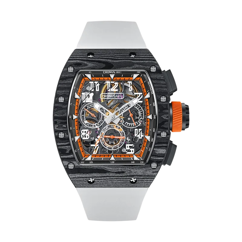 Cronusart CM002-020 - Carbon Fiber Automatic Chronograph Watch NTPT carbon case with black strap and silver skeleton chronograph dial