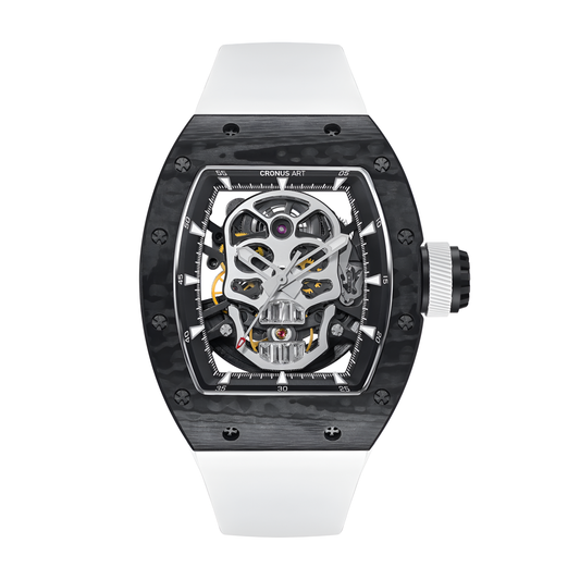 Men automatic mechanical watch CRONUSART CM002-033 with skeleton skull dial and carbon fibre tonneau case front view