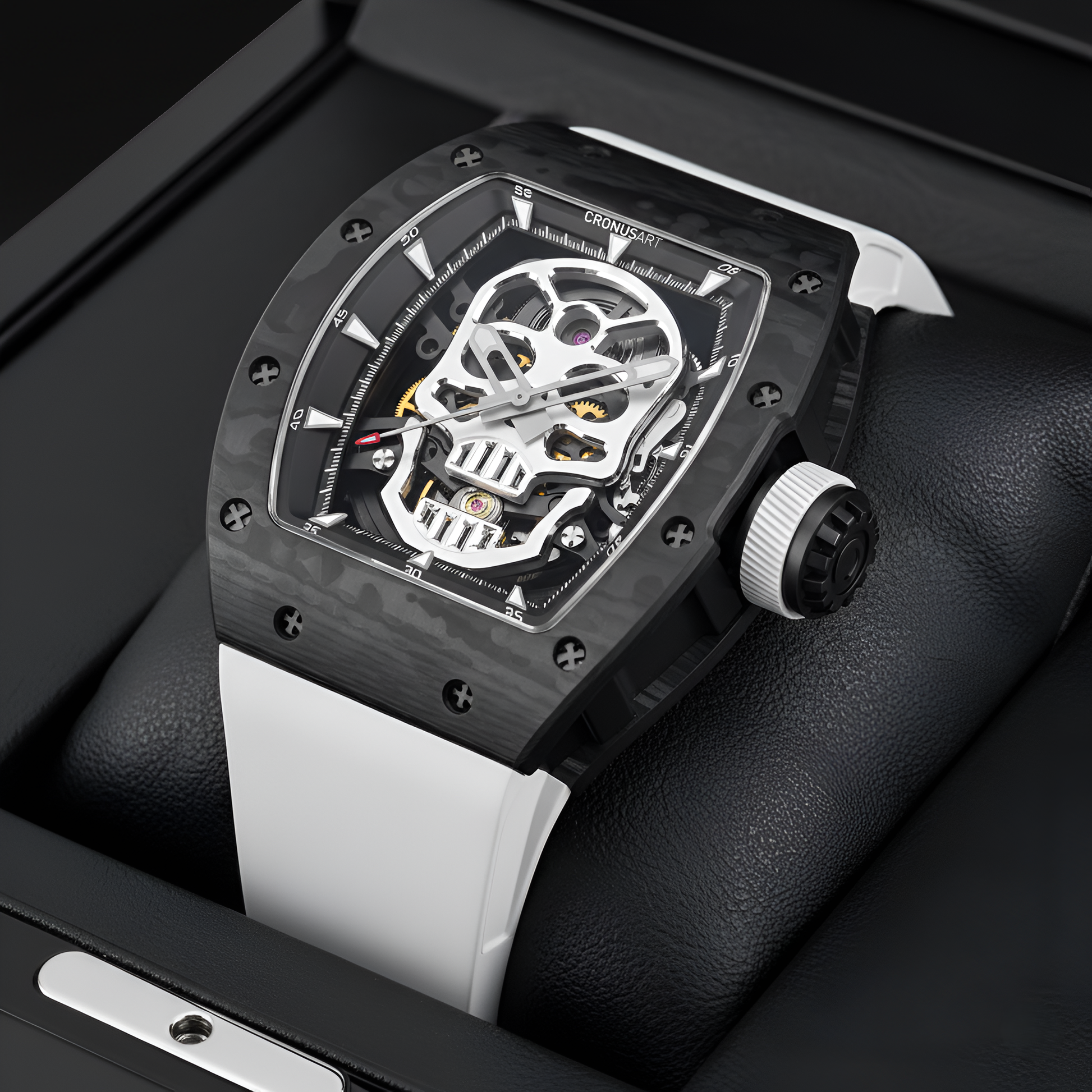 CRONUSART CM002-033 skeleton skull automatic mechanical watch presented in luxury box