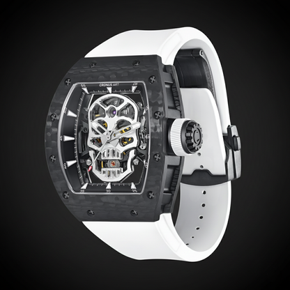 Skeleton skull automatic mechanical watch CRONUSART CM002-033 with white strap studio angle