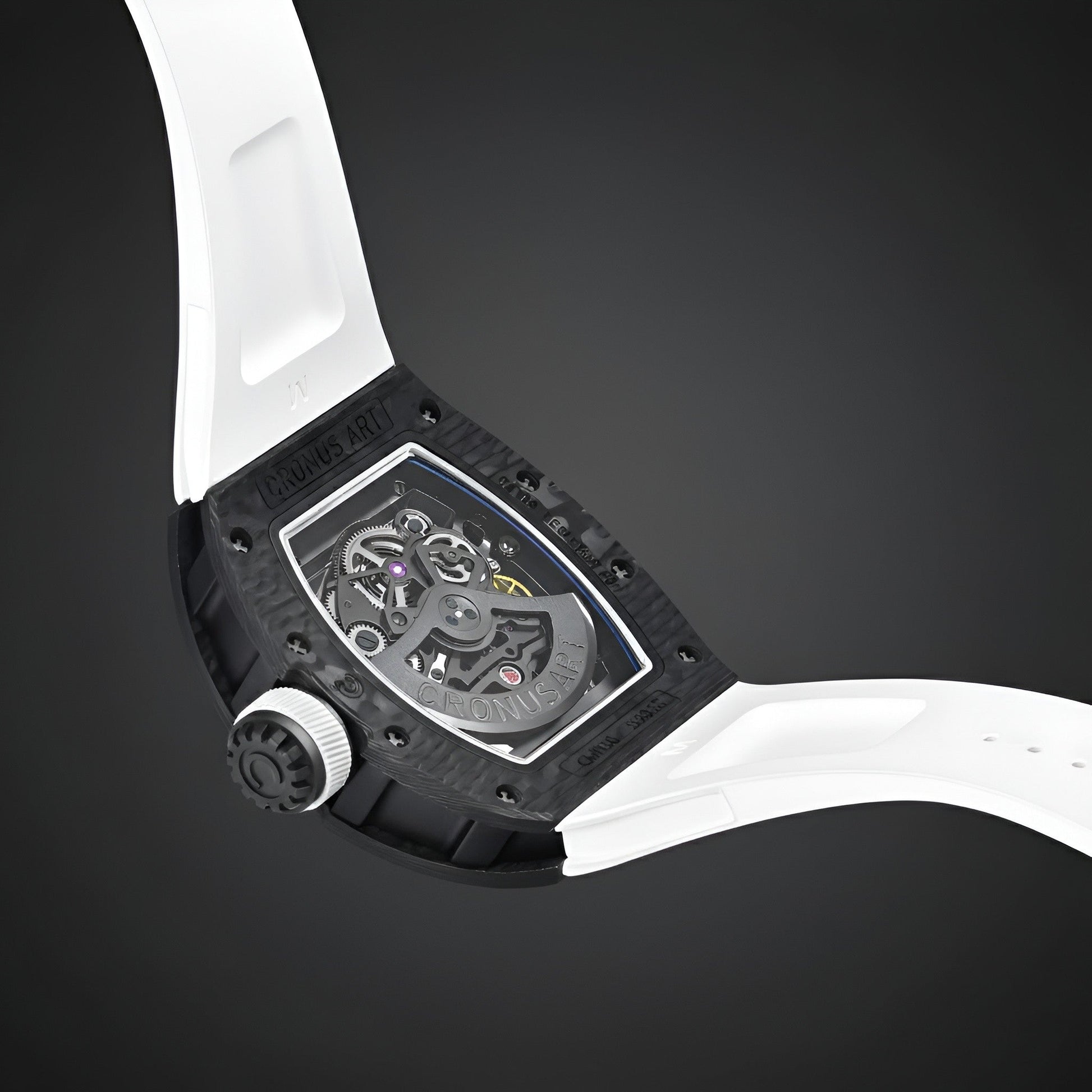 Rear angled view of CRONUSART CM002-033 skeleton skull automatic watch with white strap and exposed architecture