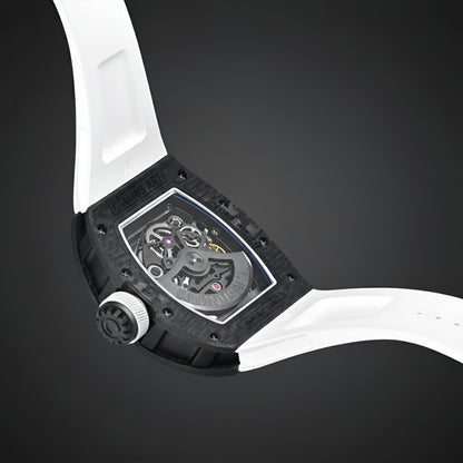 Rear angled view of CRONUSART CM002-033 skeleton skull automatic watch with white strap and exposed architecture