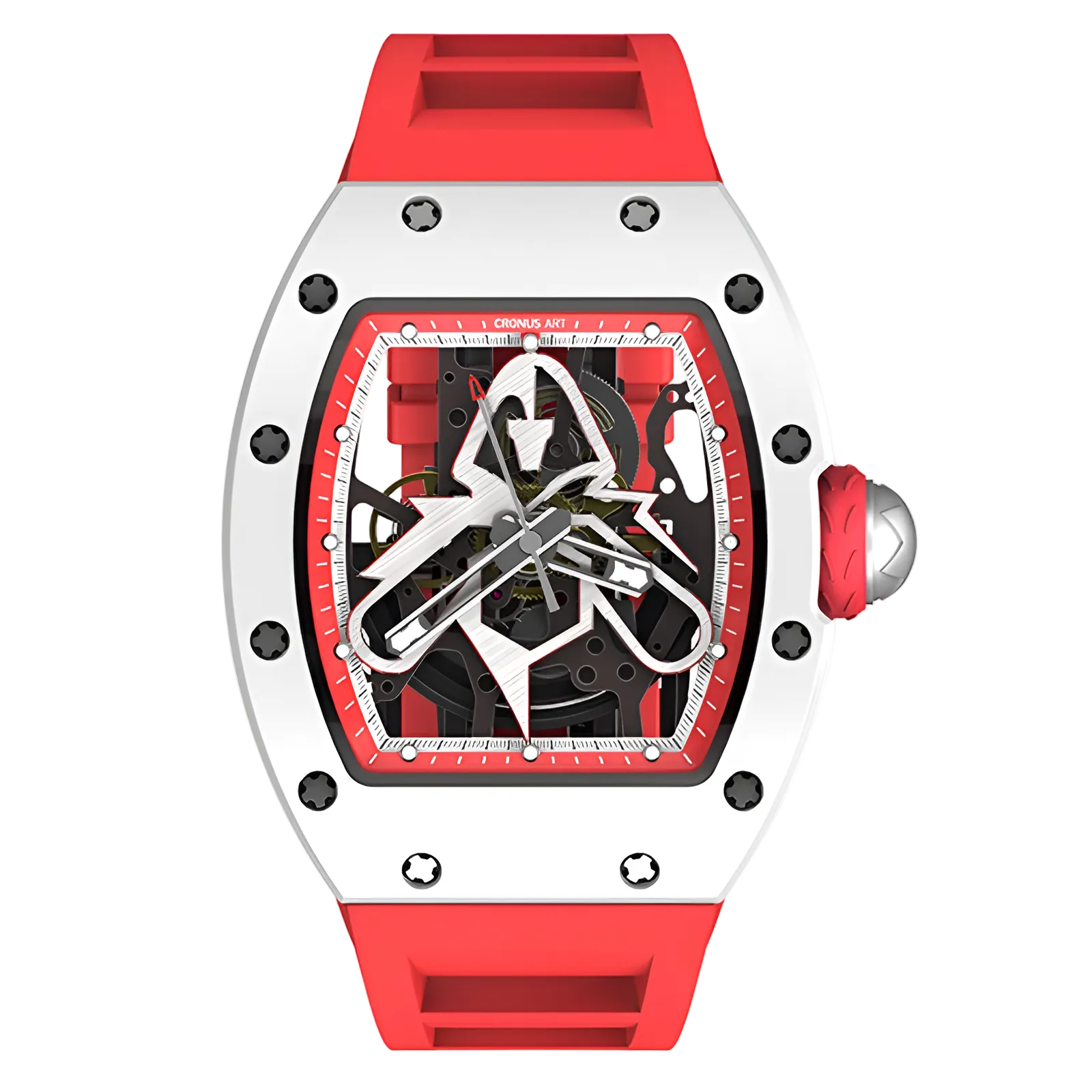 Cronusart CM002-06B - NTPT carbon fiber skeleton watch with red strap front view showcasing openworked mechanical movement