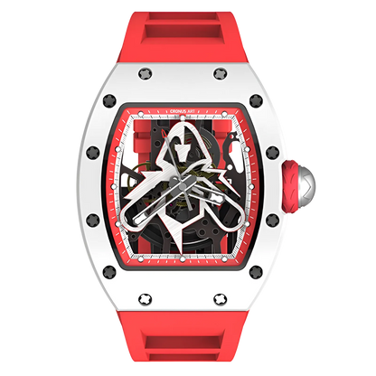 Cronusart CM002-06B - NTPT carbon fiber skeleton watch with red strap front view showcasing openworked mechanical movement