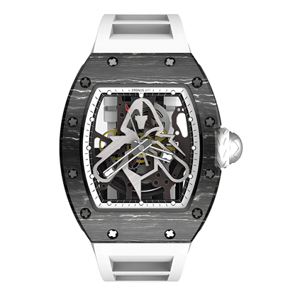 Cronusart CM002-06C - NTPT carbon fiber skeleton watch with white strap front view highlighting layered carbon case texture