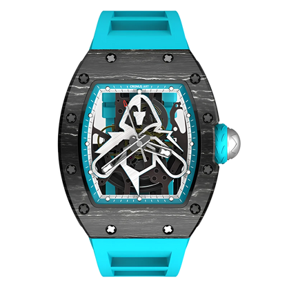 Cronusart CM002-06D - NTPT carbon fiber skeleton watch with turquoise strap front view featuring transparent mechanical architecture