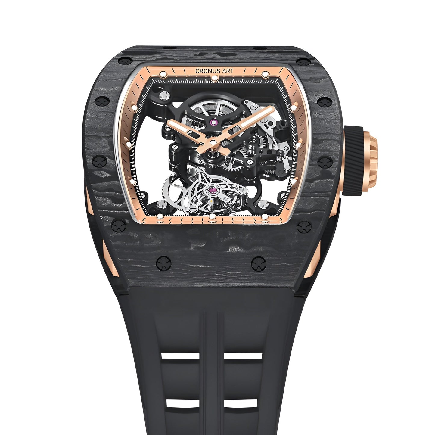 Cronusart CM002 077 - Close up view of rotating tourbillon cage on automatic luxury watch