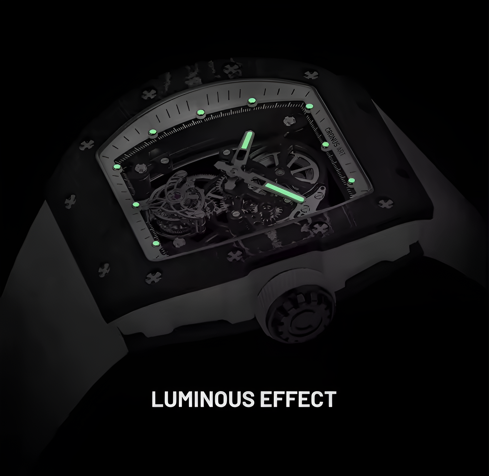 Cronusart CM002 076 - Luminous markers and hands on automatic tourbillon watch in low light conditions
