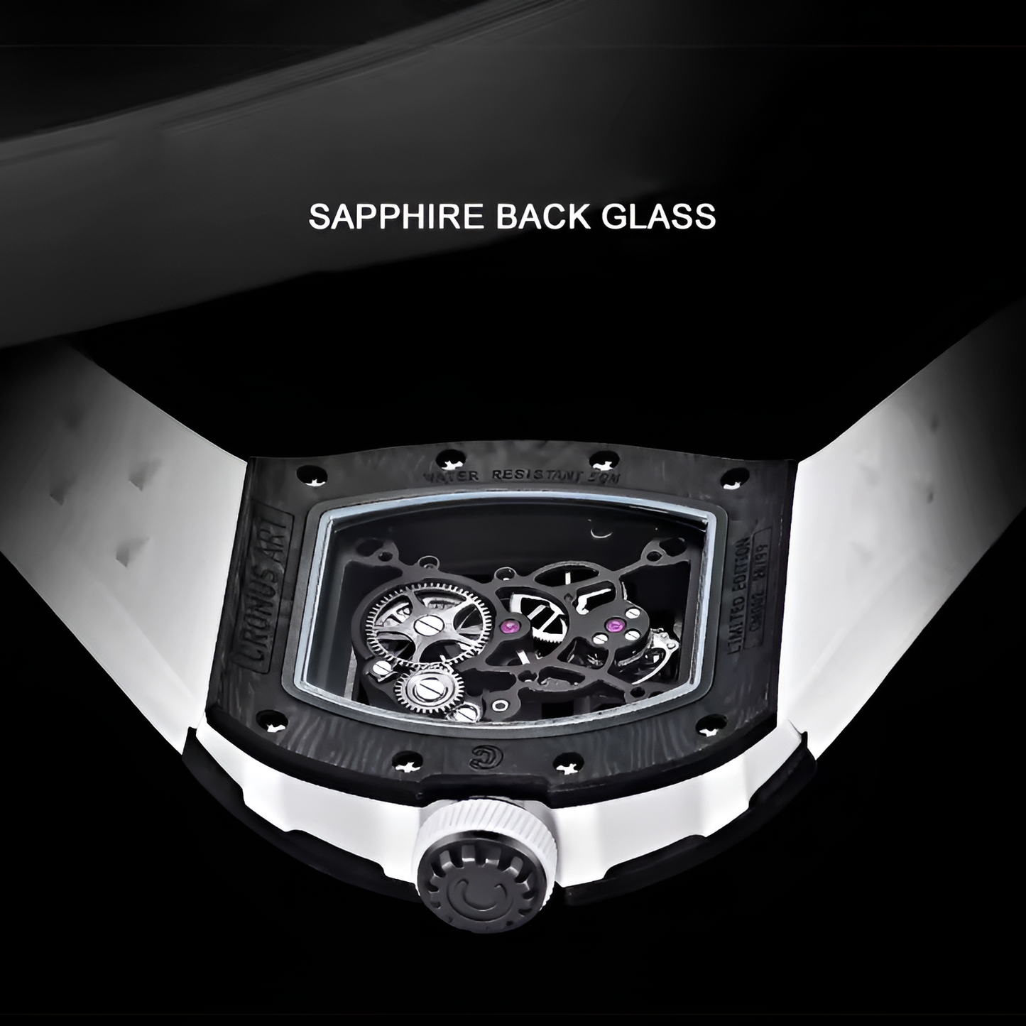 Cronusart CM002-076 - Sapphire back glass showing automatic tourbillon movement on luxury watch