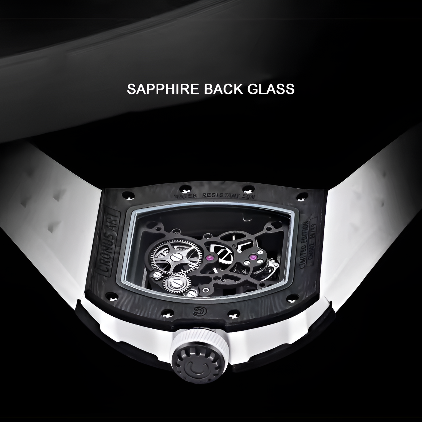 Cronusart CM002-076 - Sapphire back glass showing automatic tourbillon movement on luxury watch