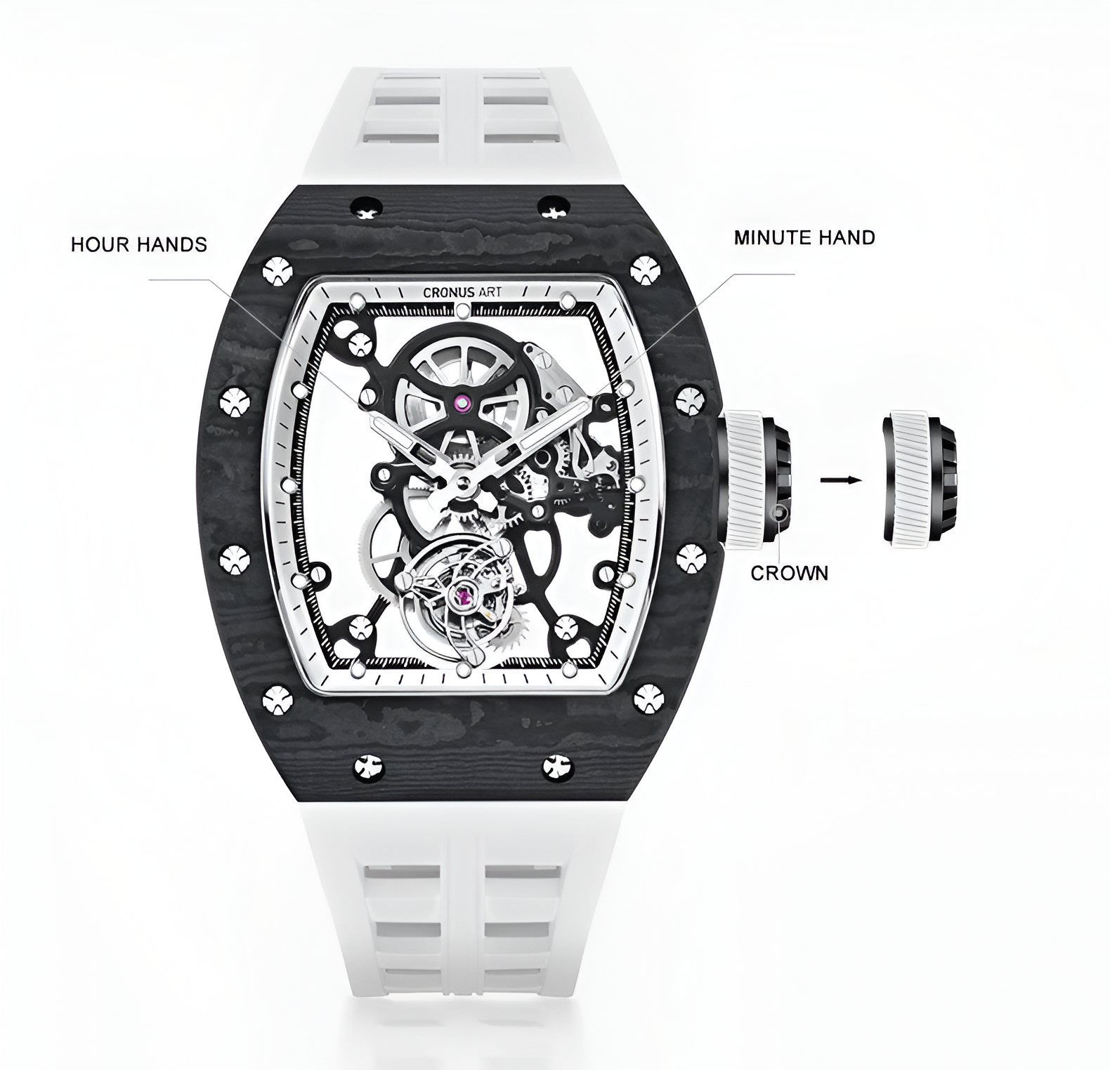 Cronusart CM002 076 - Skeleton dial layout of automatic tourbillon watch with exposed mechanical components