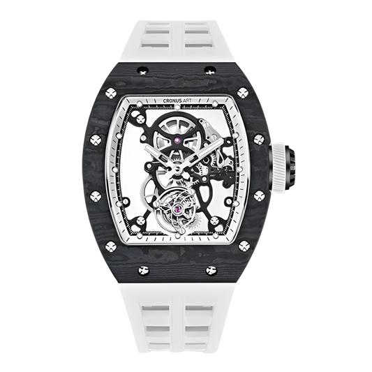 Cronusart CM002-076 - Skeleton automatic tourbillon watch with carbon fiber case and white strap