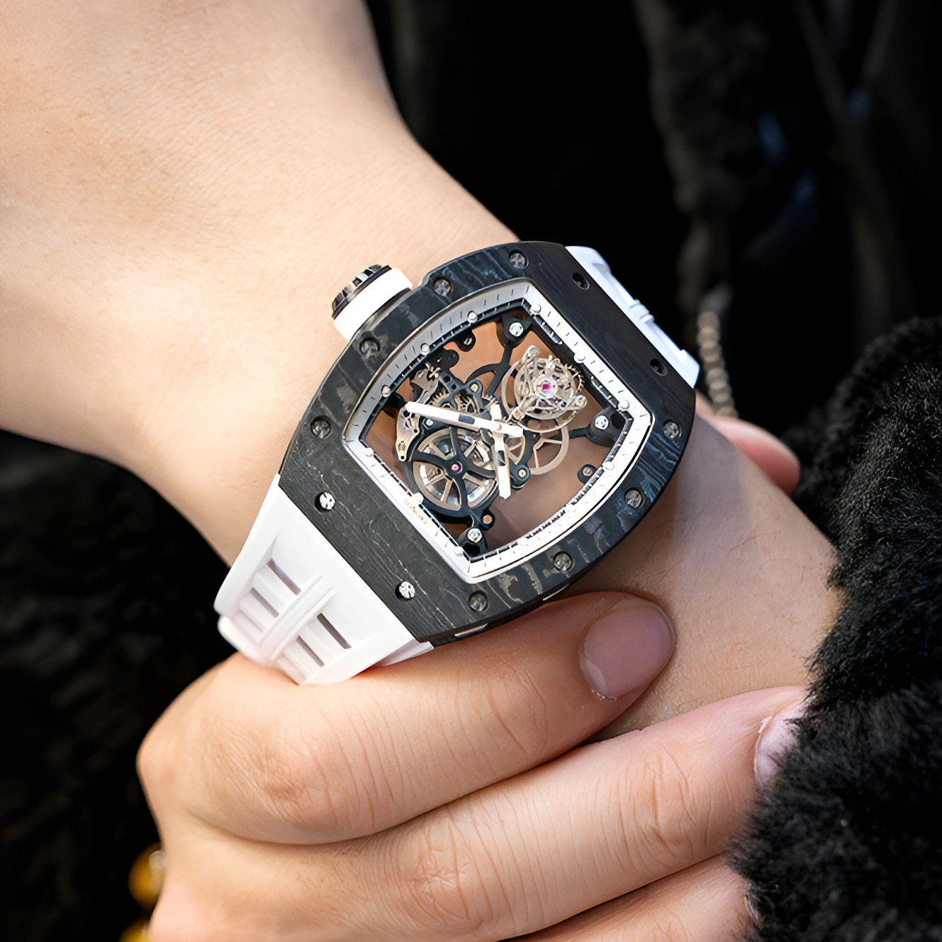 Cronusart CM002-076 - Automatic tourbillon watch worn on wrist with carbon fiber case and white strap