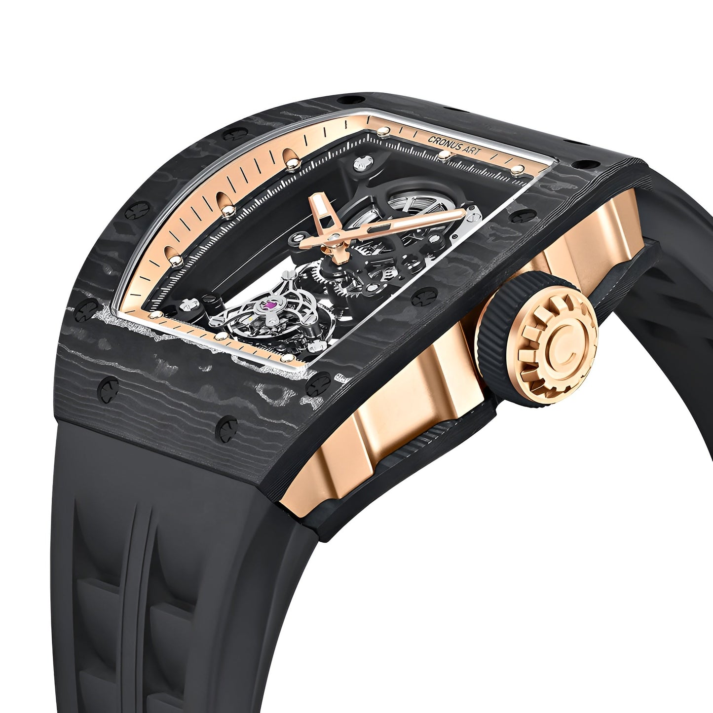 Cronusart CM002 077 - Side profile of automatic tourbillon watch with textured crown and carbon fiber case