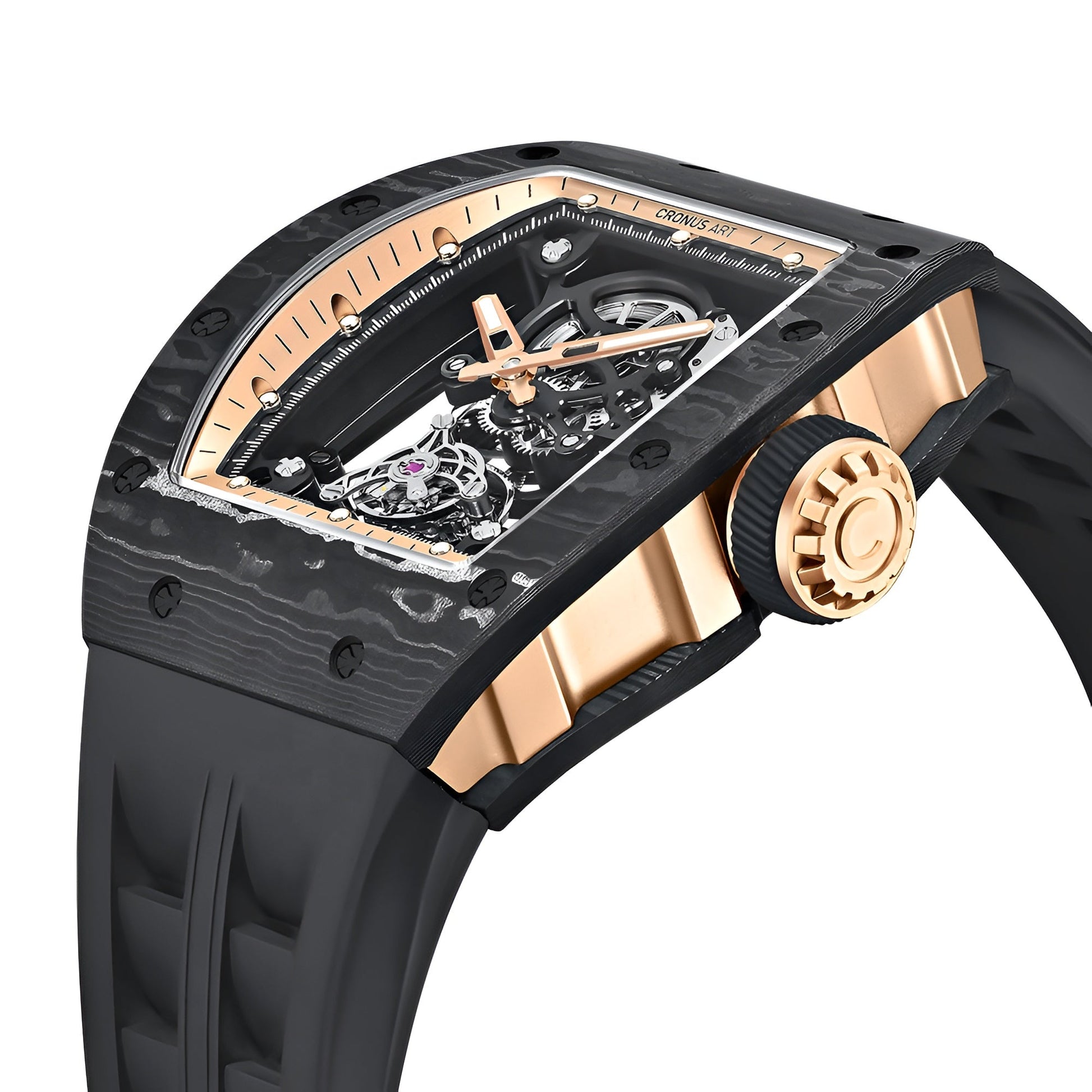 Cronusart CM002 077 - Side profile of automatic tourbillon watch with textured crown and carbon fiber case