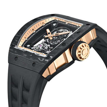 Cronusart CM002 077 - Side profile of automatic tourbillon watch with textured crown and carbon fiber case
