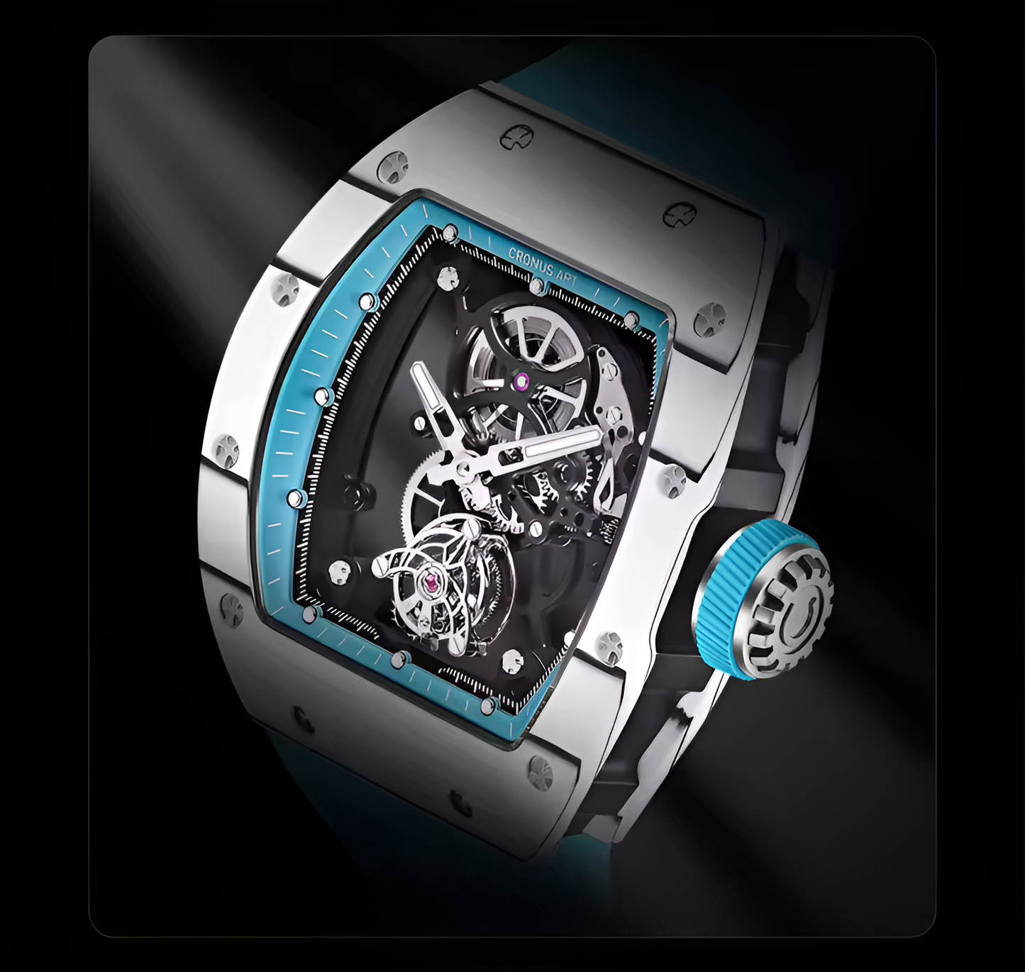 Cronusart CM002-078 - automatic tourbillon watch with skeleton dial, stainless steel tonneau case, and blue textured crown
