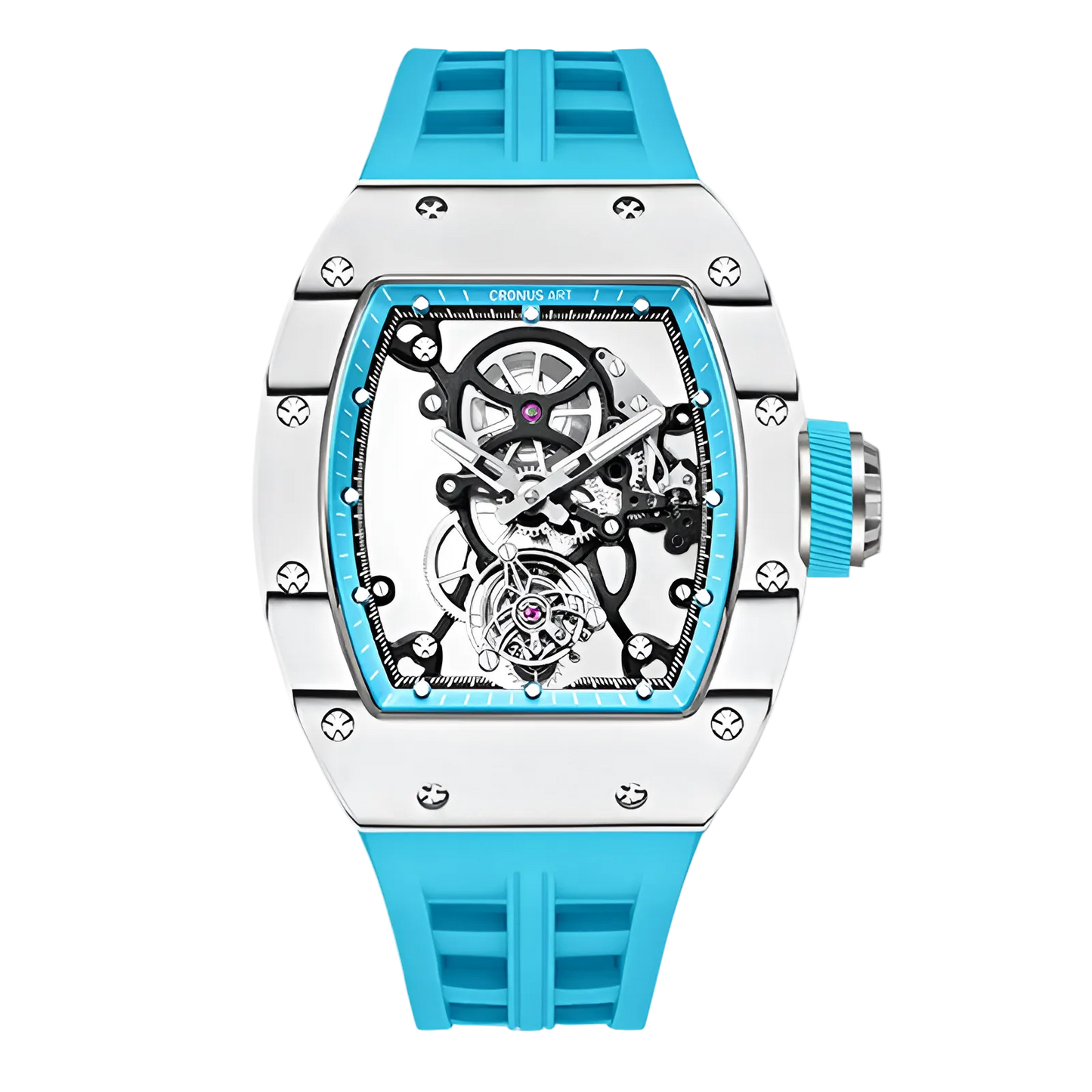 Cronusart CM002-078 - Automatic tourbillon watch with carbon fiber tonneau case and blue strap front view