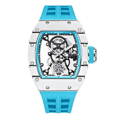 Cronusart CM002-078 - Automatic tourbillon watch with carbon fiber tonneau case and blue strap front view