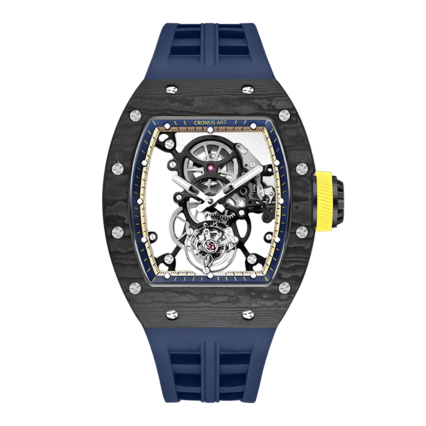 Cronusart CM002-076 - Carbon fiber automatic tourbillon watch with navy strap and yellow crown