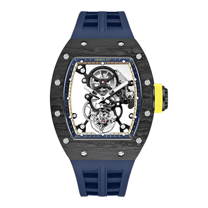 Cronusart CM002-076 - Carbon fiber automatic tourbillon watch with navy strap and yellow crown