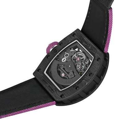 CRONUSART CM002-083 - Carbon fiber skeleton automatic watch caseback showing gear train, rotor motion, and mechanical depth