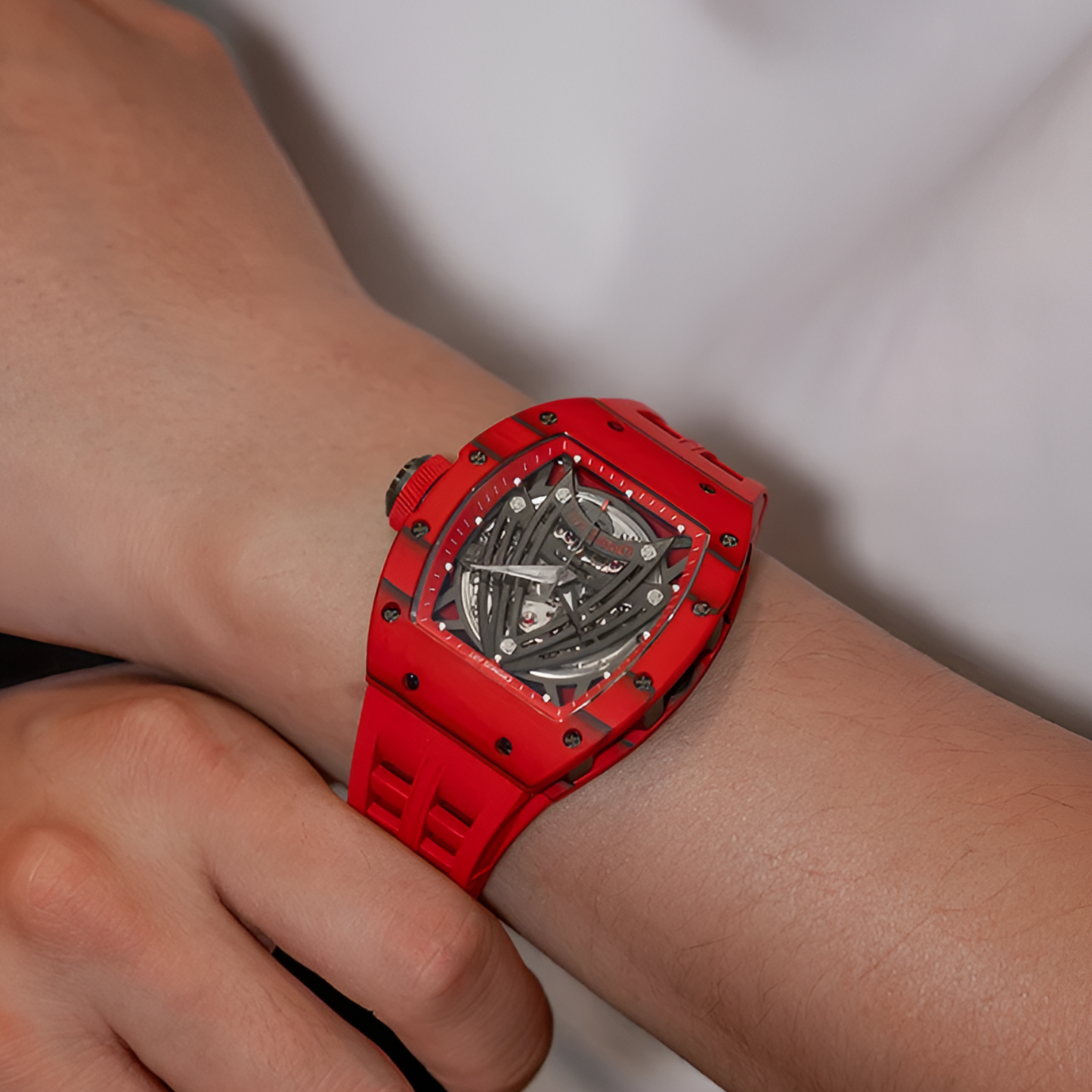 CRONUSART CM002-083 - Carbon Fiber Automatic Skeleton Watch in red NTPT carbon fiber with skeleton dial and Fluororubber strap.