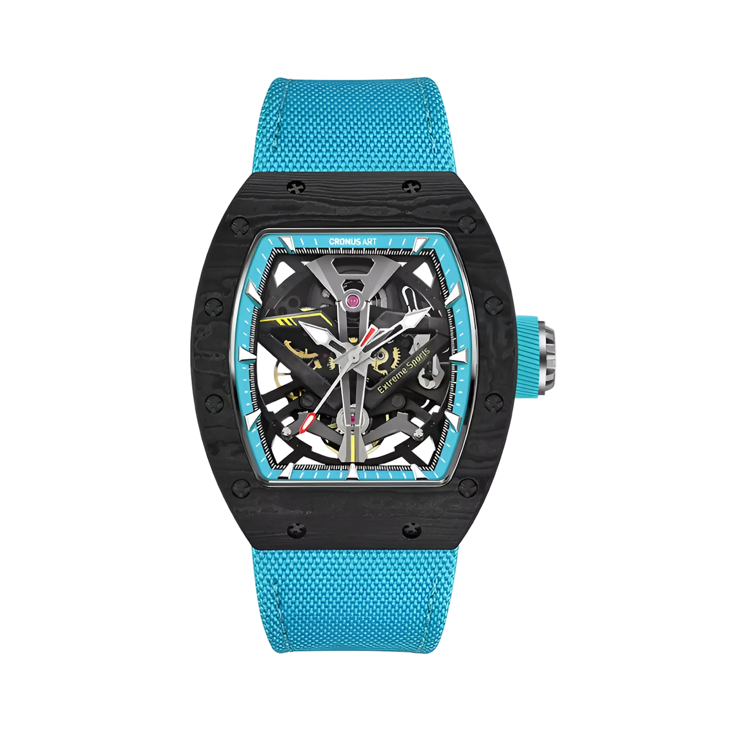 CRONUSART CM002-083 - Carbon fiber automatic skeleton watch with tonneau case, exposed gear train, sapphire crystal, and kinetic mechanical depth