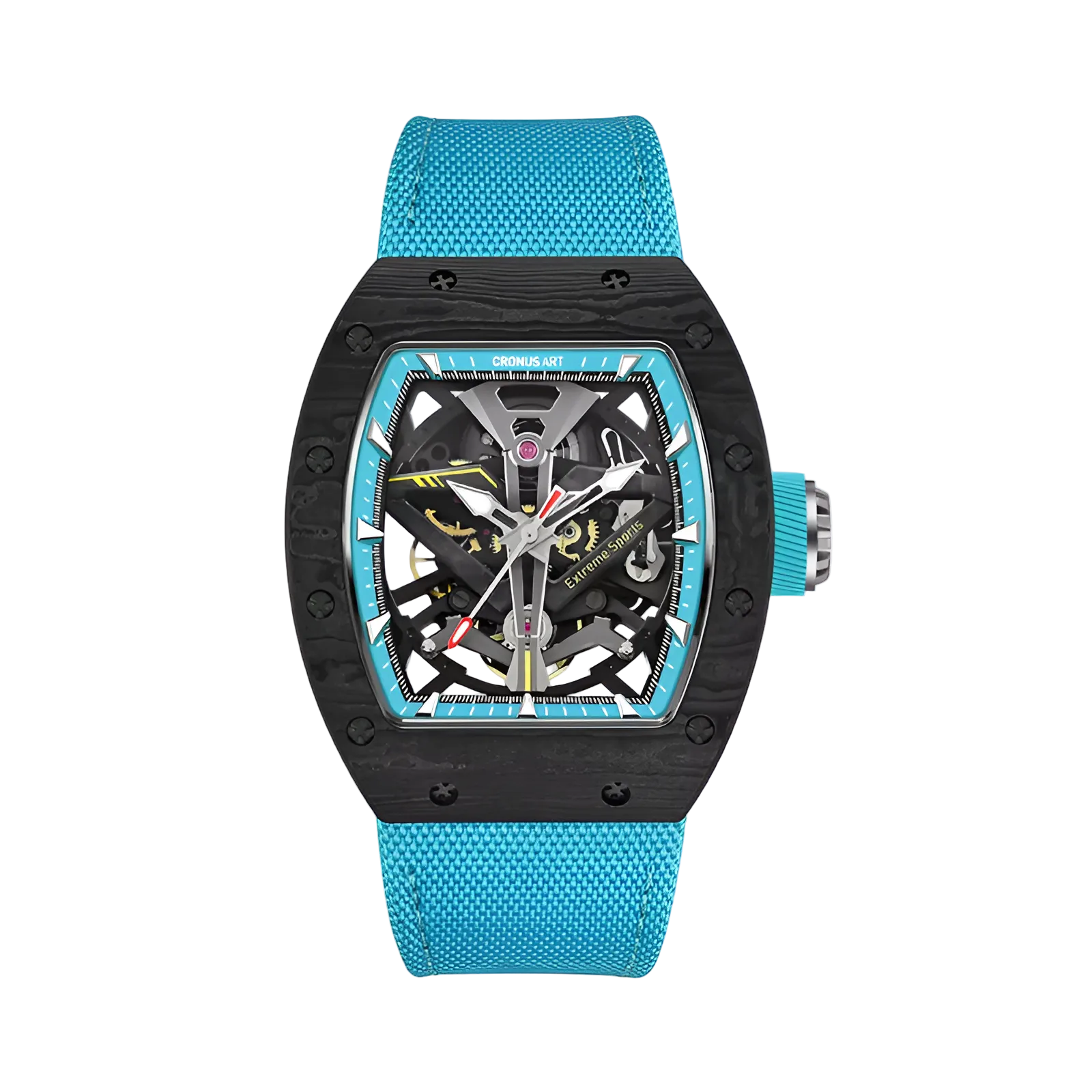 CRONUSART CM002-083 - Carbon fiber automatic skeleton watch with tonneau case, exposed gear train, sapphire crystal, and kinetic mechanical depth