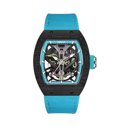 CRONUSART CM002-083 - Carbon fiber automatic skeleton watch with tonneau case, exposed gear train, sapphire crystal, and kinetic mechanical depth