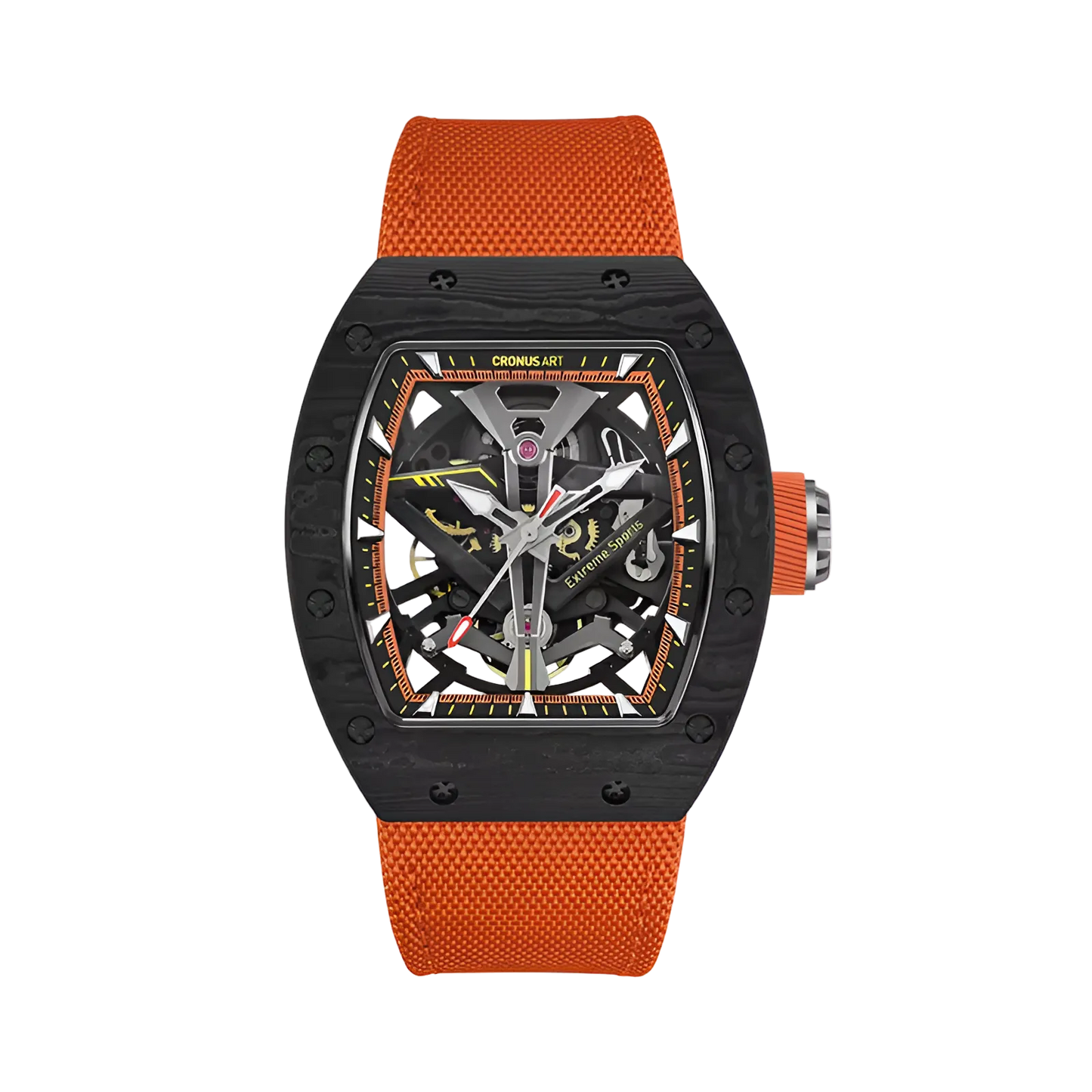 CRONUSART CM002-083 - Tonneau automatic watch for men with carbon fiber case, skeleton movement visibility, and kinetic engineering design