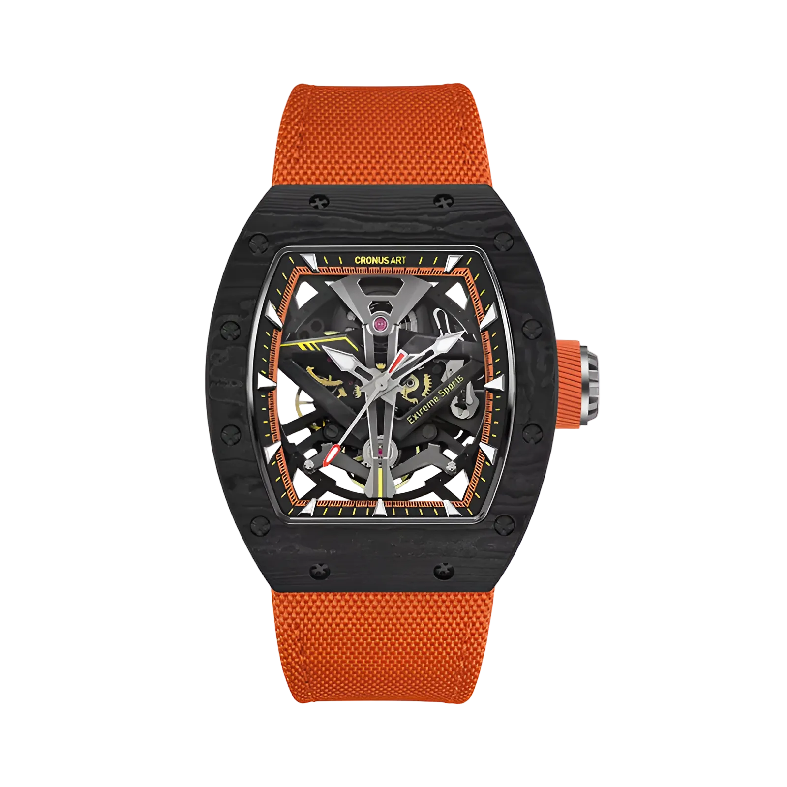 CRONUSART CM002-083 - Tonneau automatic watch for men with carbon fiber case, skeleton movement visibility, and kinetic engineering design