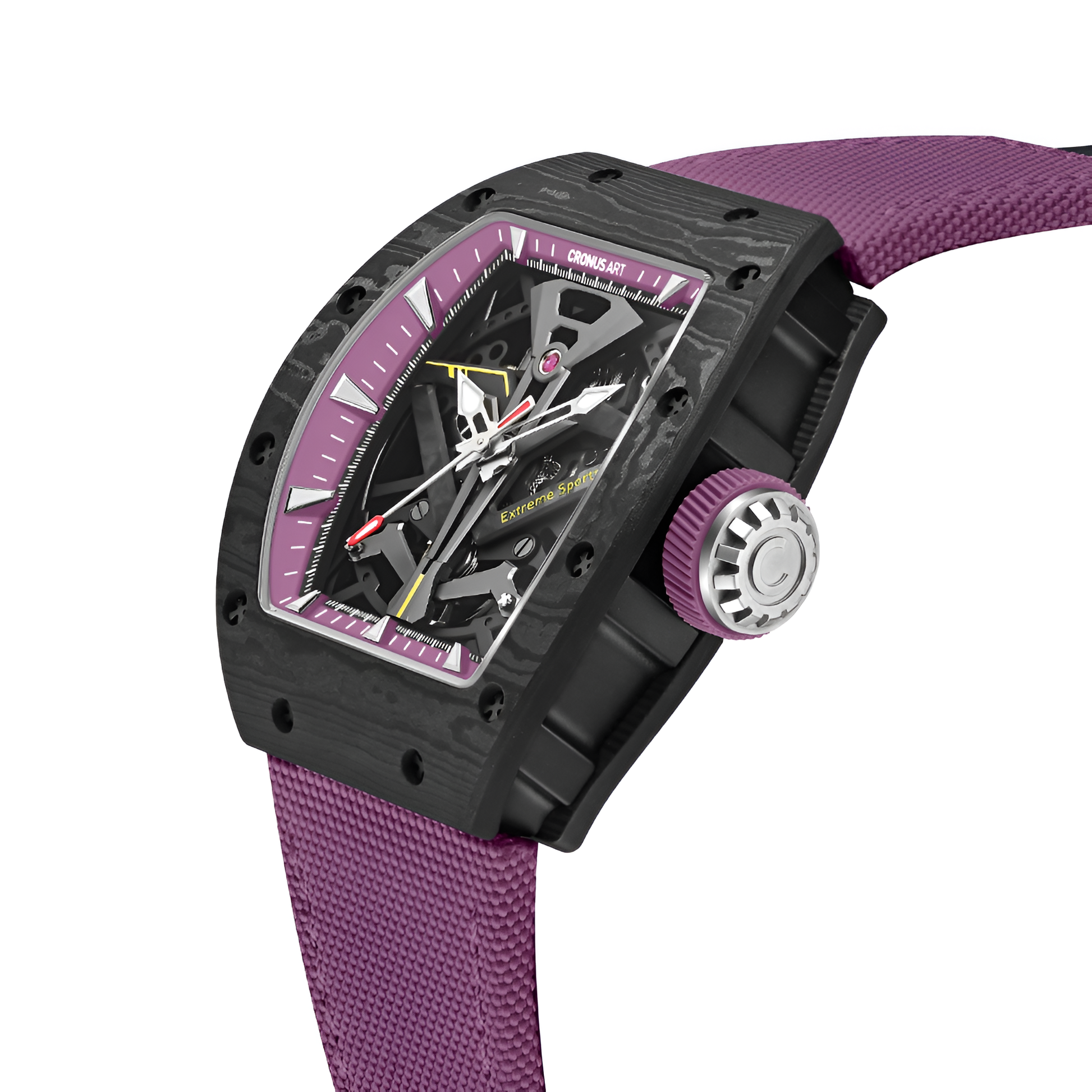 CRONUSART CM002-083 - Tonneau skeleton automatic watch for men showing carbon fiber case texture, exposed mechanics, and sapphire crystal clarity