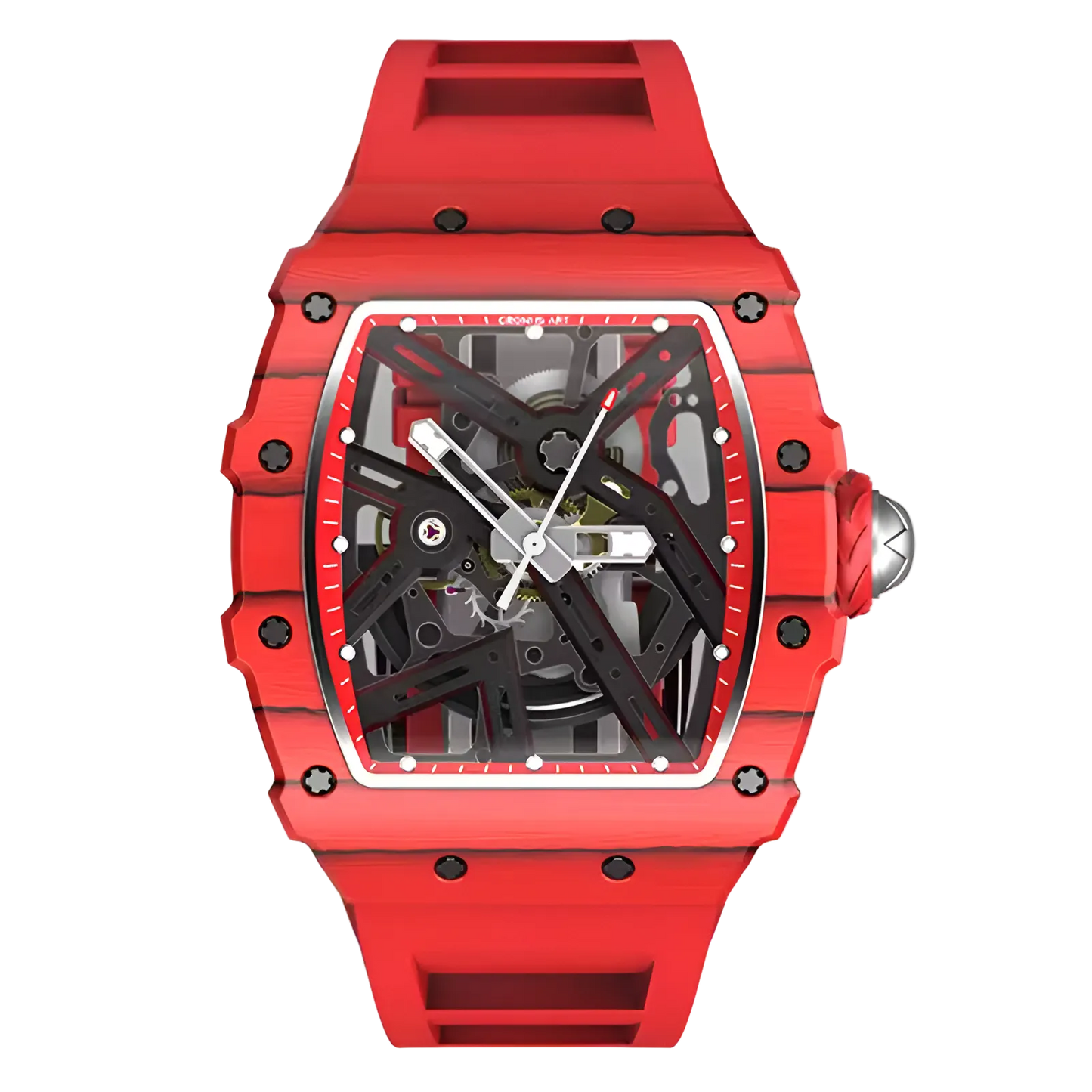 Cronusart CM002-12A men automatic skeleton watch featuring red NTPT carbon case with high-beat mechanical movement