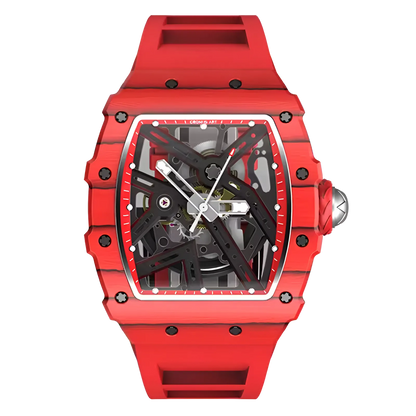 Cronusart CM002-12A men automatic skeleton watch featuring red NTPT carbon case with high-beat mechanical movement