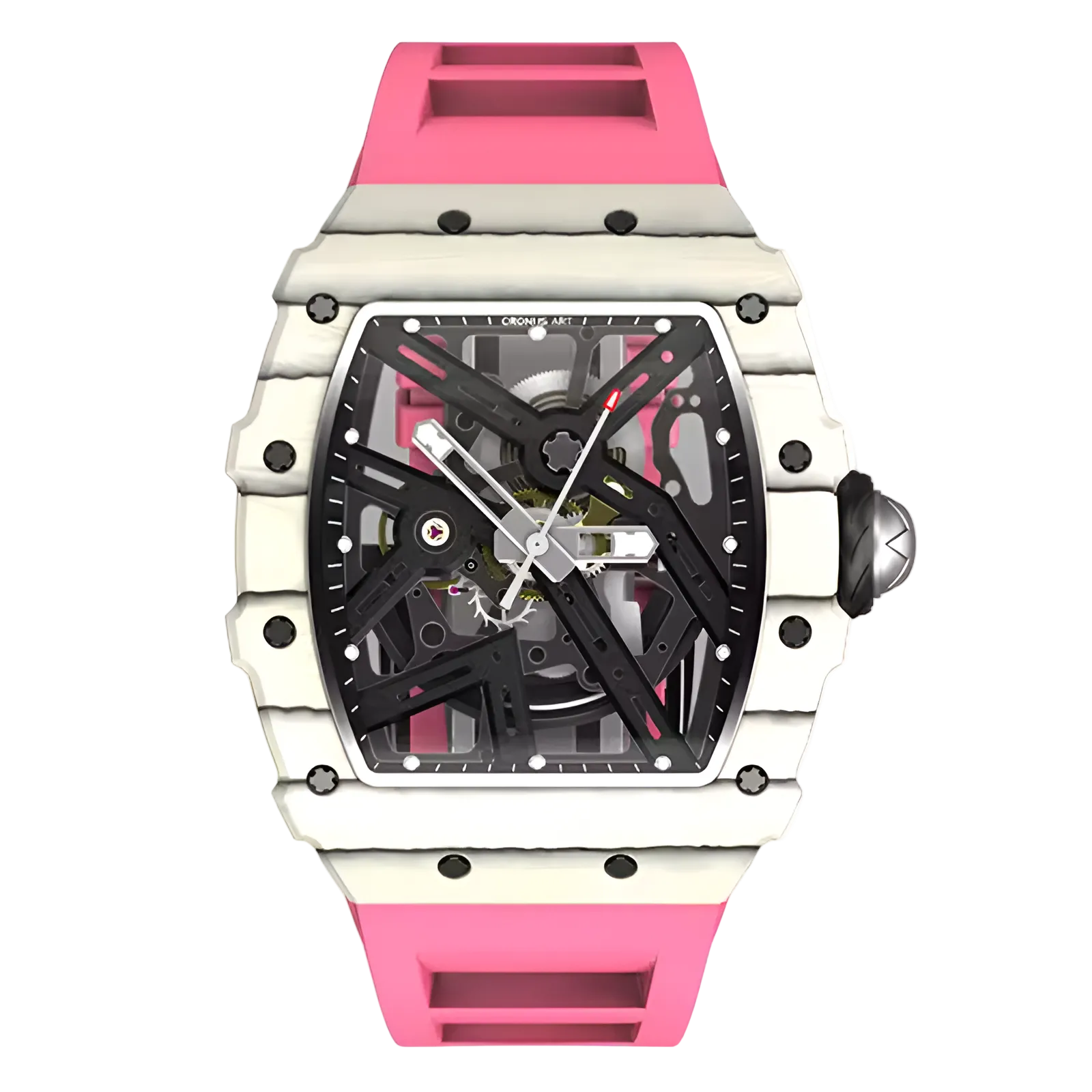 Cronusart CM002-12b men automatic skeleton watch with white NTPT carbon case and pink fluororubber strap