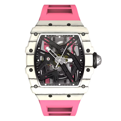 Cronusart CM002-12b men automatic skeleton watch with white NTPT carbon case and pink fluororubber strap