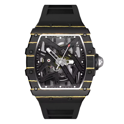 Cronusart CM002-12C men automatic skeleton watch in black NTPT carbon case with openworked dial and black fluororubber strap