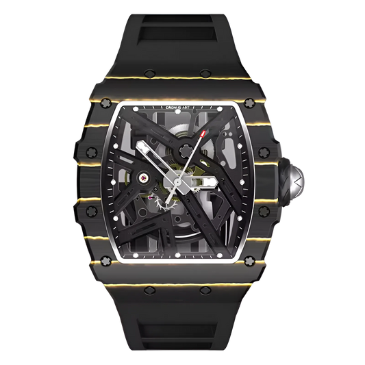 Cronusart CM002-12C men automatic skeleton watch in black NTPT carbon case with openworked dial and black fluororubber strap