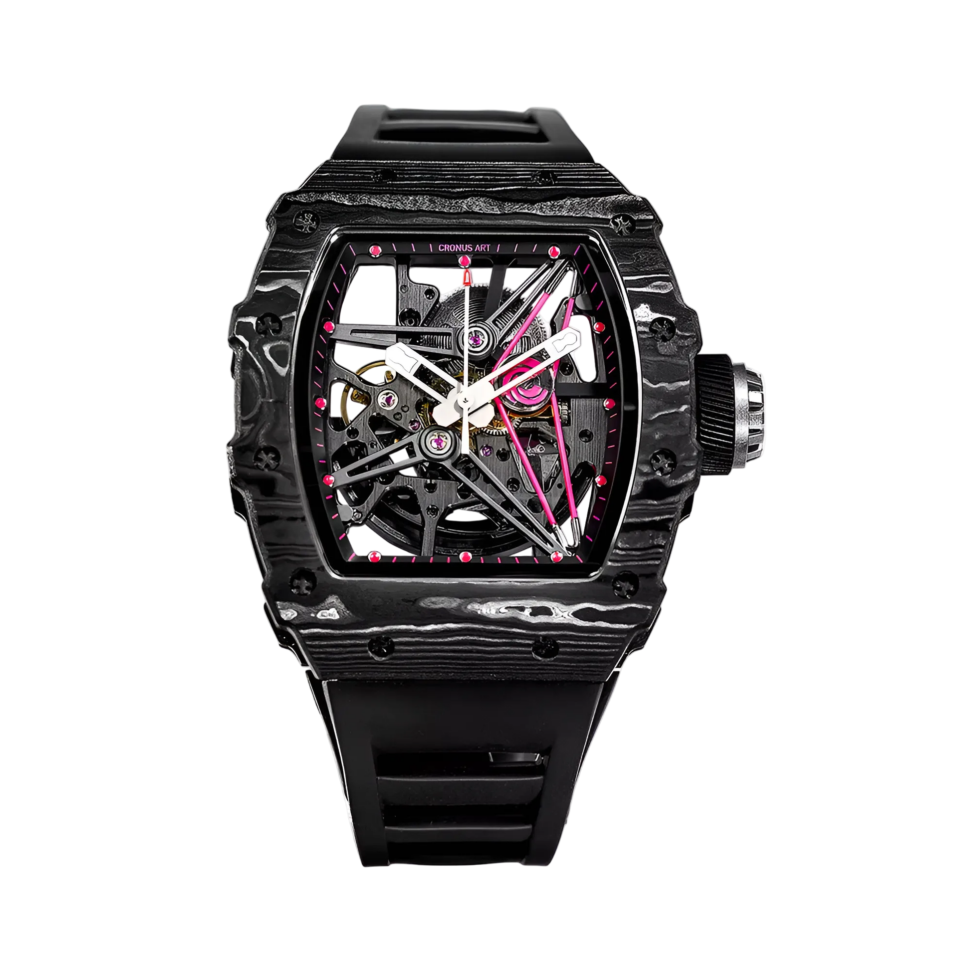 Cronusart CM002-13A arbon fiber skeleton watch in black NTPT carbon tonneau case, open worked automatic movement and black fluororubber strap, front view on white backgroun- d