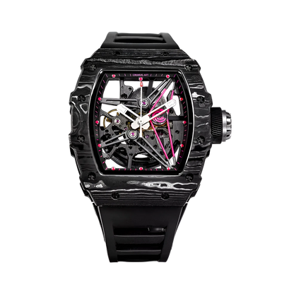 Cronusart CM002-13A arbon fiber skeleton watch in black NTPT carbon tonneau case, open worked automatic movement and black fluororubber strap, front view on white backgroun- d