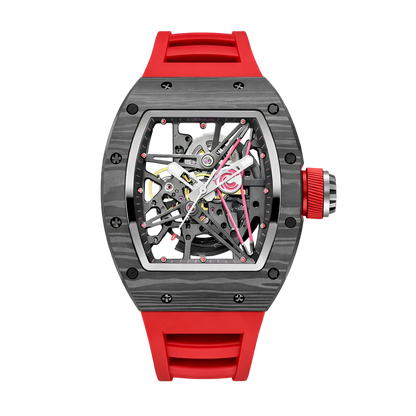 Cronusart CM002-13A - Carbon fiber skeleton watch in grey NTPT tonneau case with red fluororubber strap, open worked automatic movement displayed in protective case