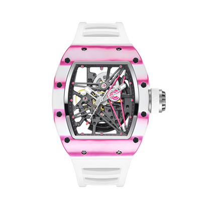 Cronusart CM002-13A - Carbon fiber skeleton watch with pink transparent tonneau case, open worked mechanical dial and white fluororubber strap, front view on white background